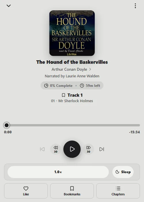 Audiobook player with playback, speed, sleep timer, and bookmarks