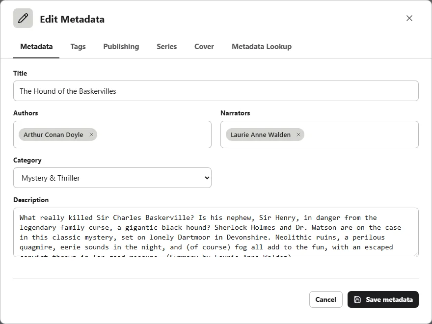 The Edit Metadata dialog: title, authors, narrators, category and description, with tabs for tags, publishing, series and cover