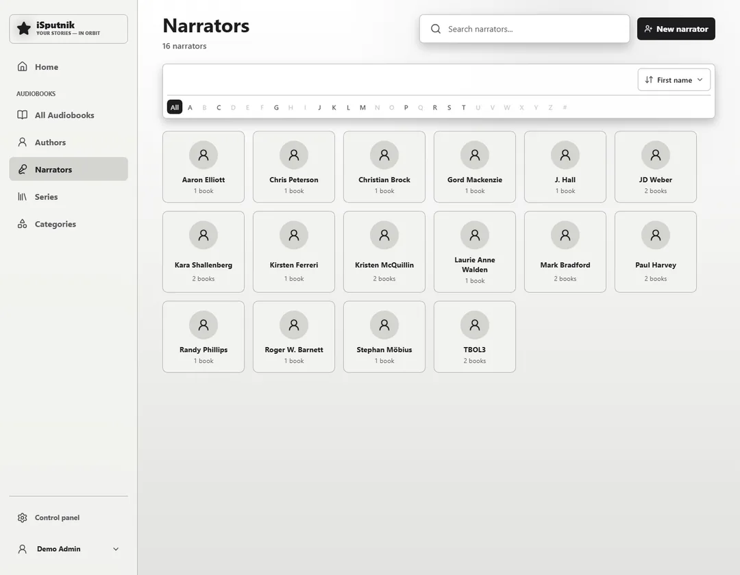 The Narrators page: every reader in the library with how many books each has recorded