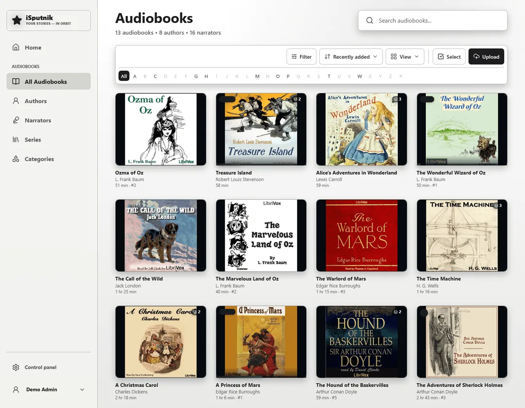 The Audiobooks page: the left navigation beside a shelf of covers with author, running time and series position under each