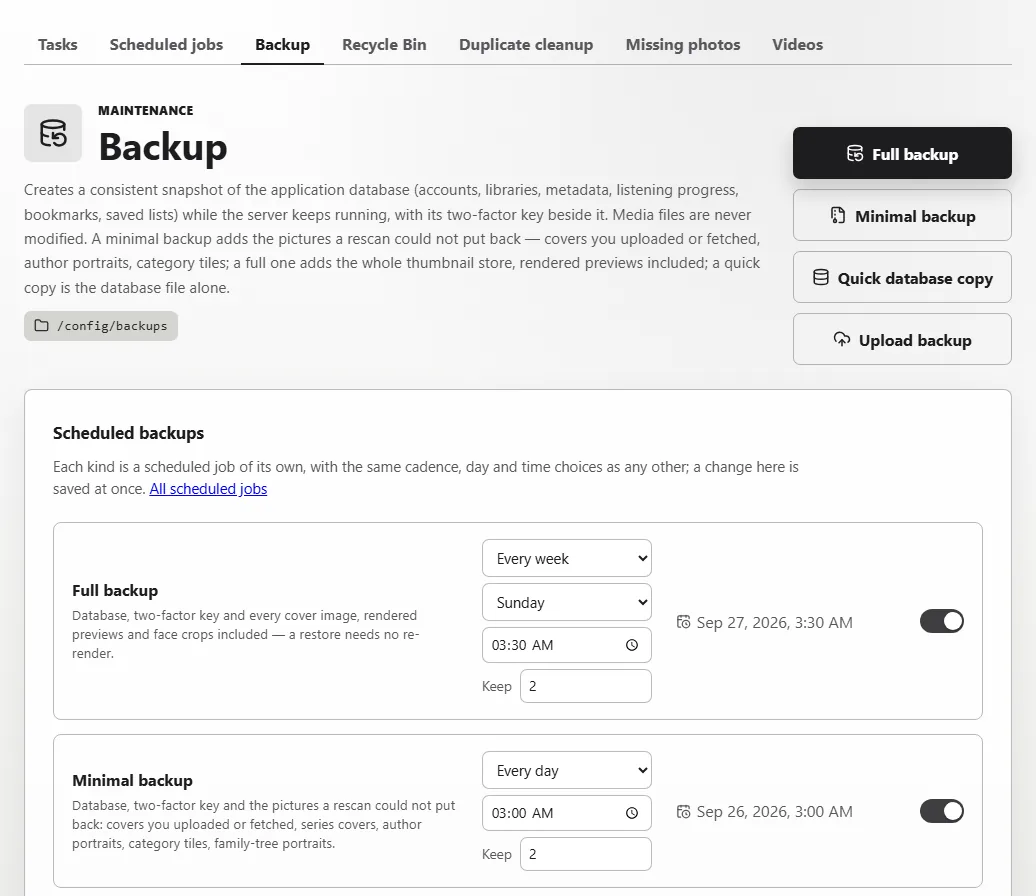 The Backup page: buttons for a full backup, a minimal backup and a quick database copy, and a weekly full backup and a nightly minimal one, each switched on with the number of copies to keep