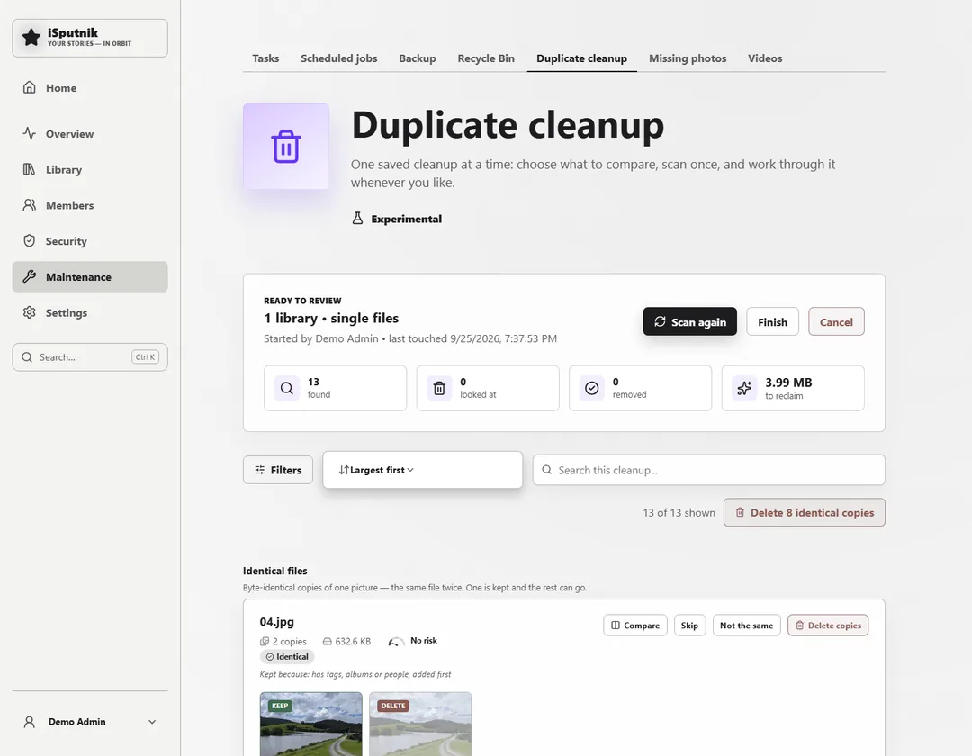 Duplicate cleanup: Find the copies and decide what to keep.