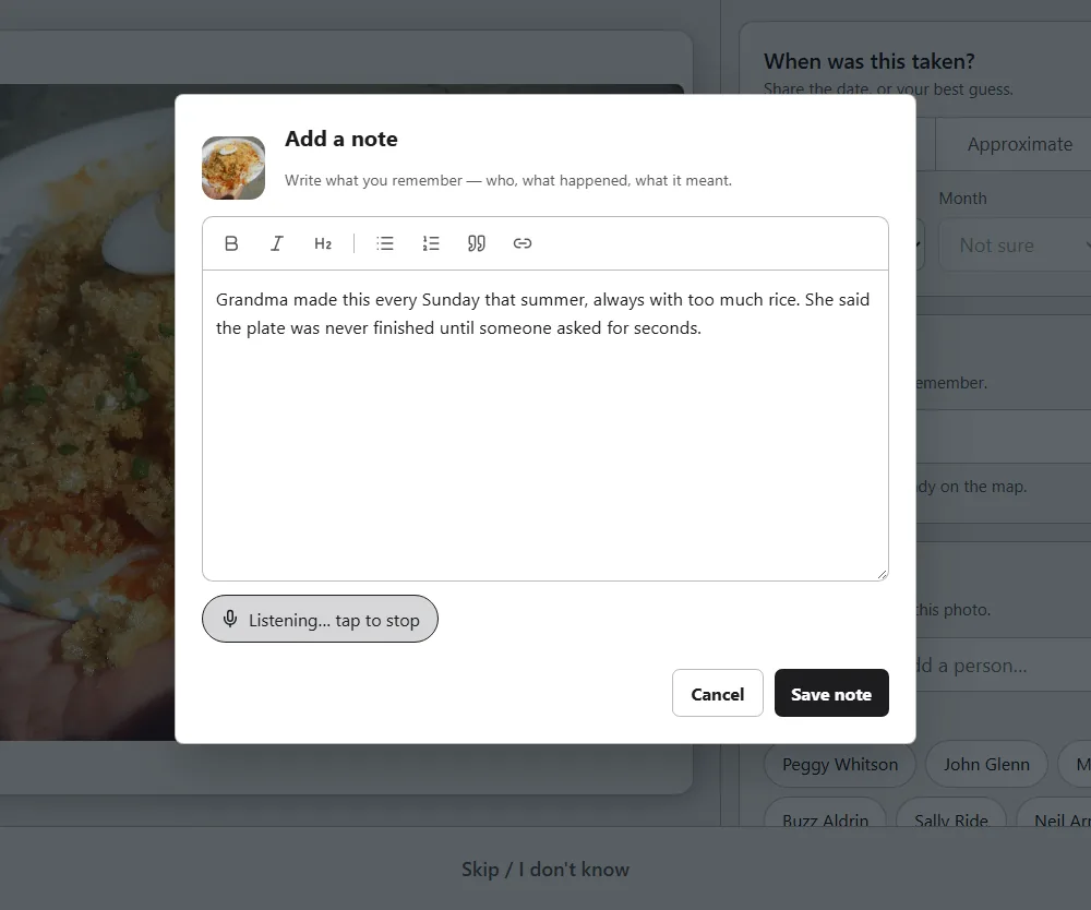 The Add a note dialog while dictating: two spoken sentences about Grandma's Sunday dinners already in the note, and the button reading Listening, tap to stop