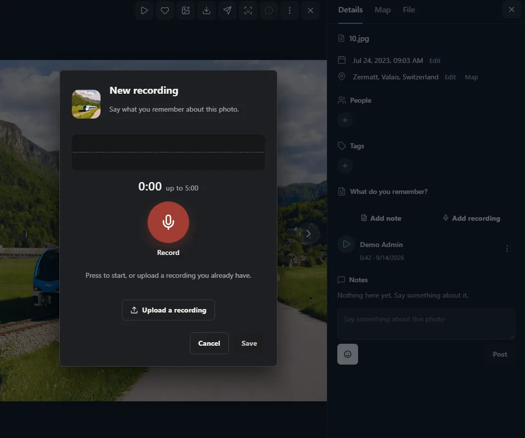 The New recording dialog over the photo: Say what you remember about this photo, a large Record button, up to five minutes