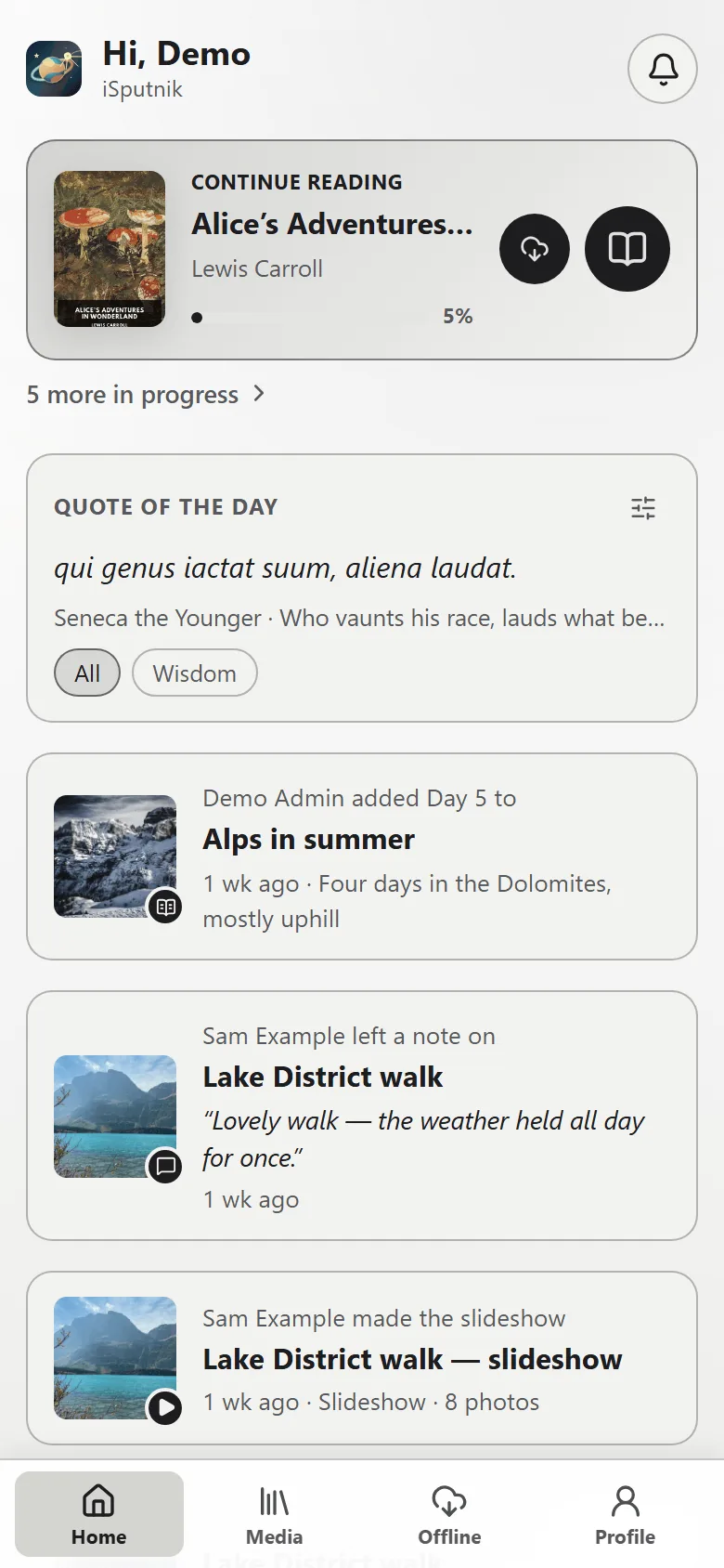 The same home page on a phone: continue reading, the quote of the day, and a four-tab bar along the bottom