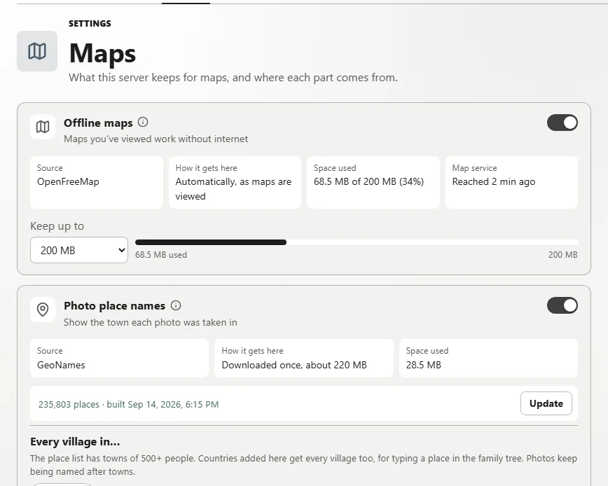 The Maps page: Offline maps switched on, using 45.6 MB of a 200 MB limit, and Photo place names built from GeoNames