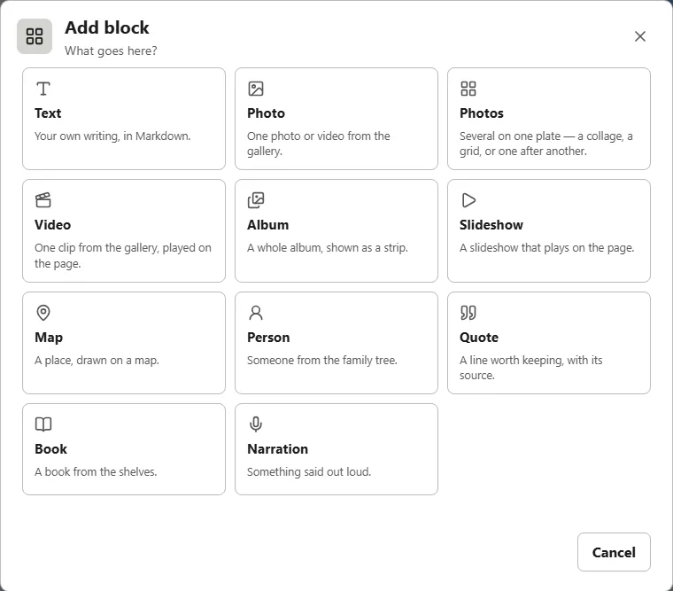 Add a block: Text, photos, a map, a person, a quote, a book.