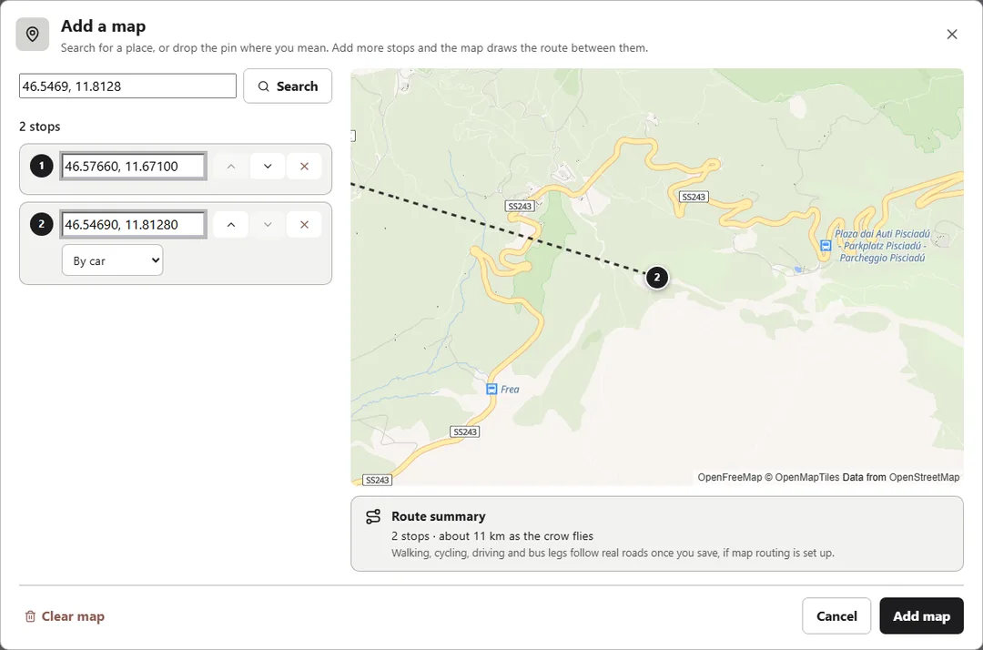 Draw the route: Add stops and the map joins them up.